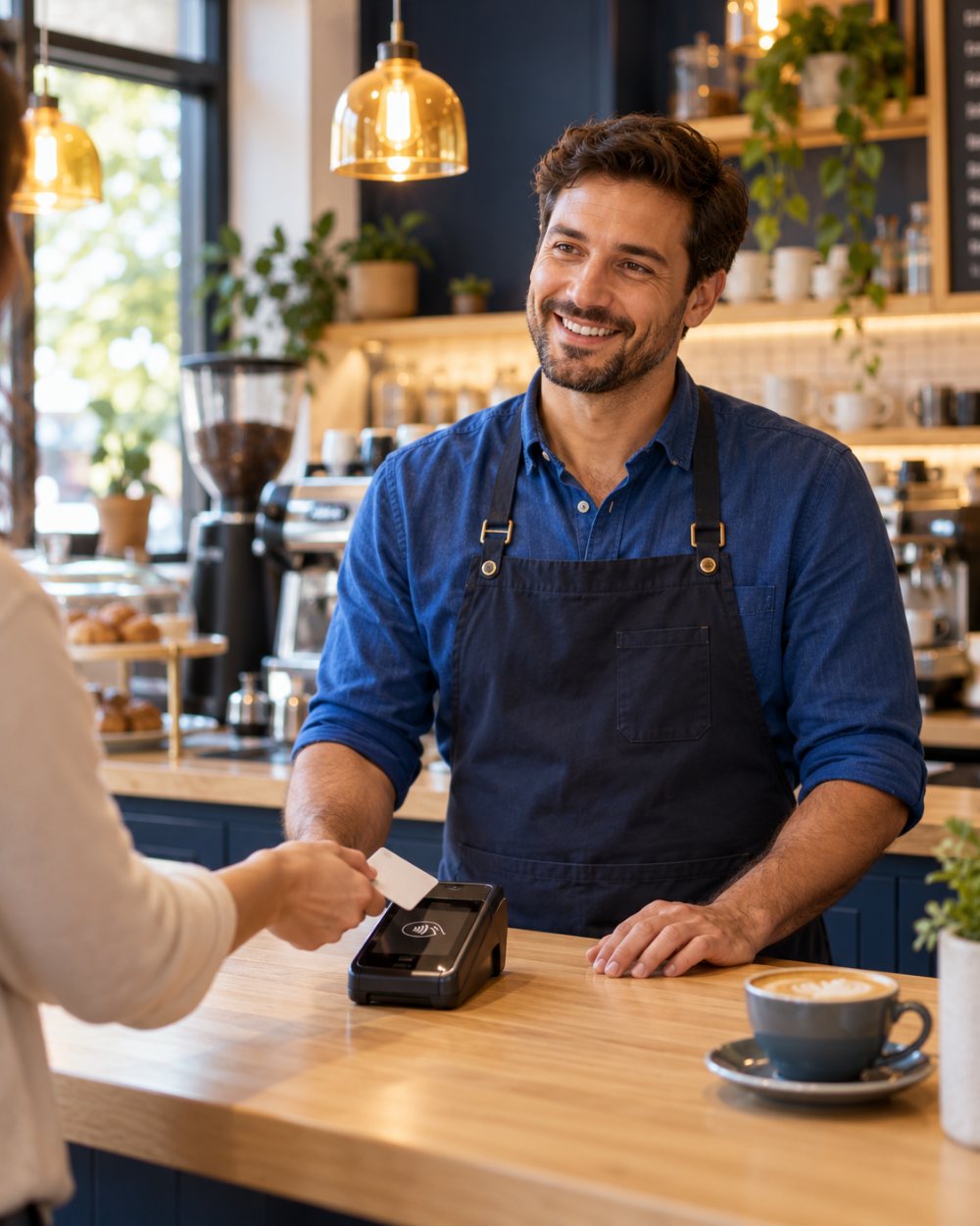 Smiling café owner at the counter as a customer taps a card on a contactless payment terminal