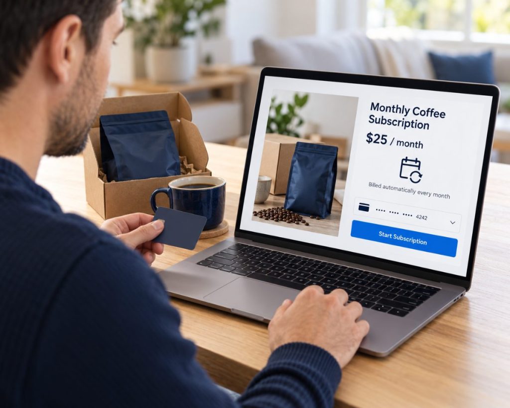 Customer starting a monthly coffee subscription on a laptop